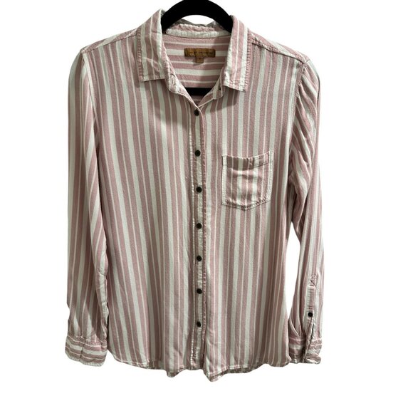 🍒 2/$20 🍒 Pink and White Striped Long Sleeve Button Down Blouse sz S - Picture 1 of 6